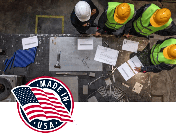 Team of workers reviewing equipment and machine projects with "Made in USA" logo